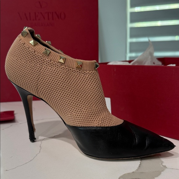 Valentino Garavani Beige Mesh and Black Leather Studded Ankle Boot - Picture 10 of 16